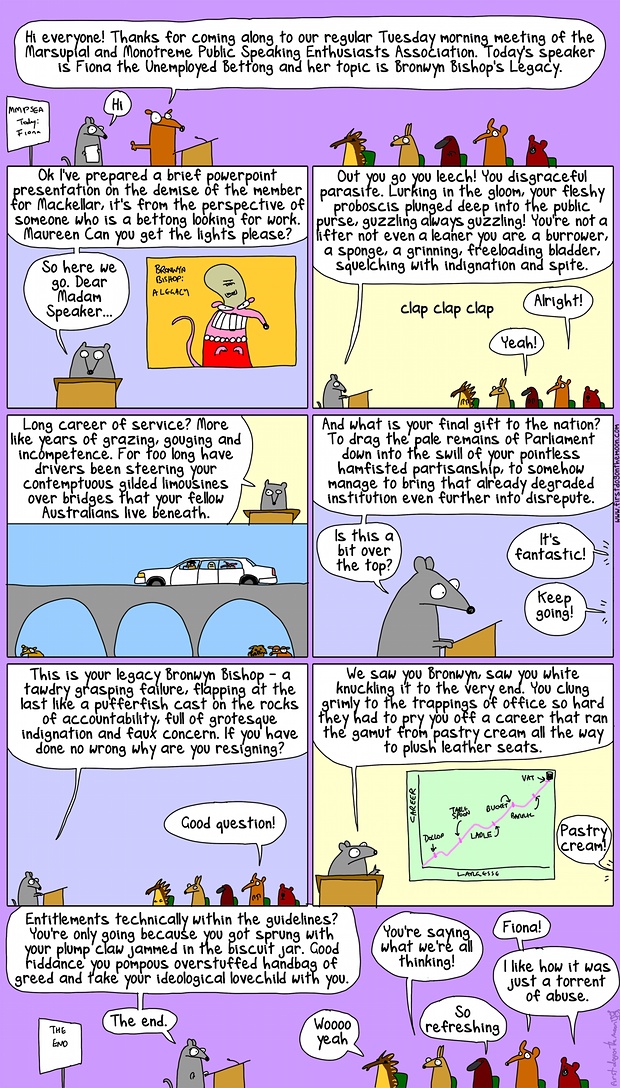 A presentation on Bronwyn Bishop’s legacy from Fiona the Unemployed Bettong