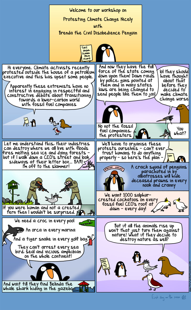How to protest climate change nicely, with Brenda the Civil Disobedience Penguin