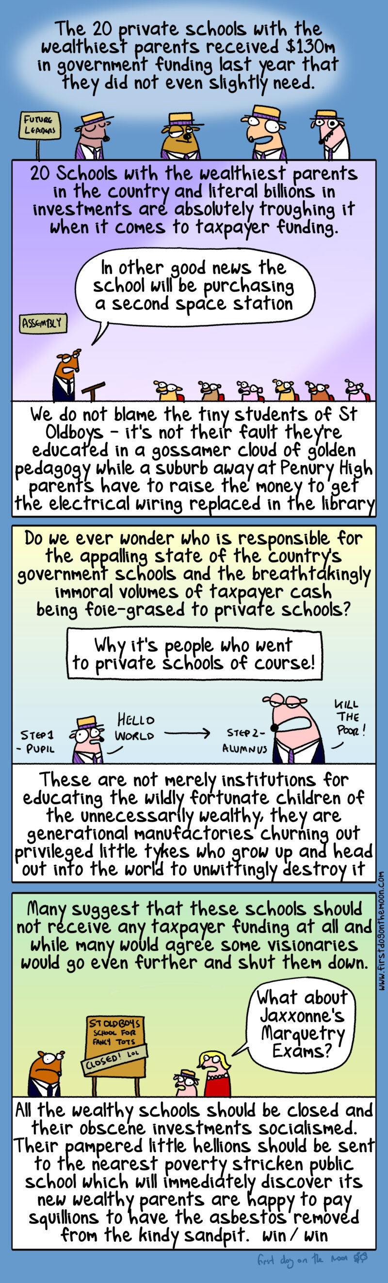 Who is responsible for the volumes of taxpayer cash being foie-grased to private schools?